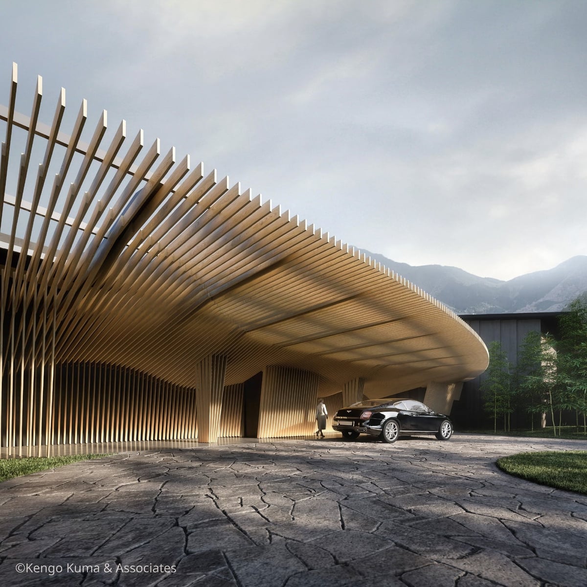 The entrance of Alila Sengokuhara Hakone with light filtering through modern latticework like sunlight through trees (image)