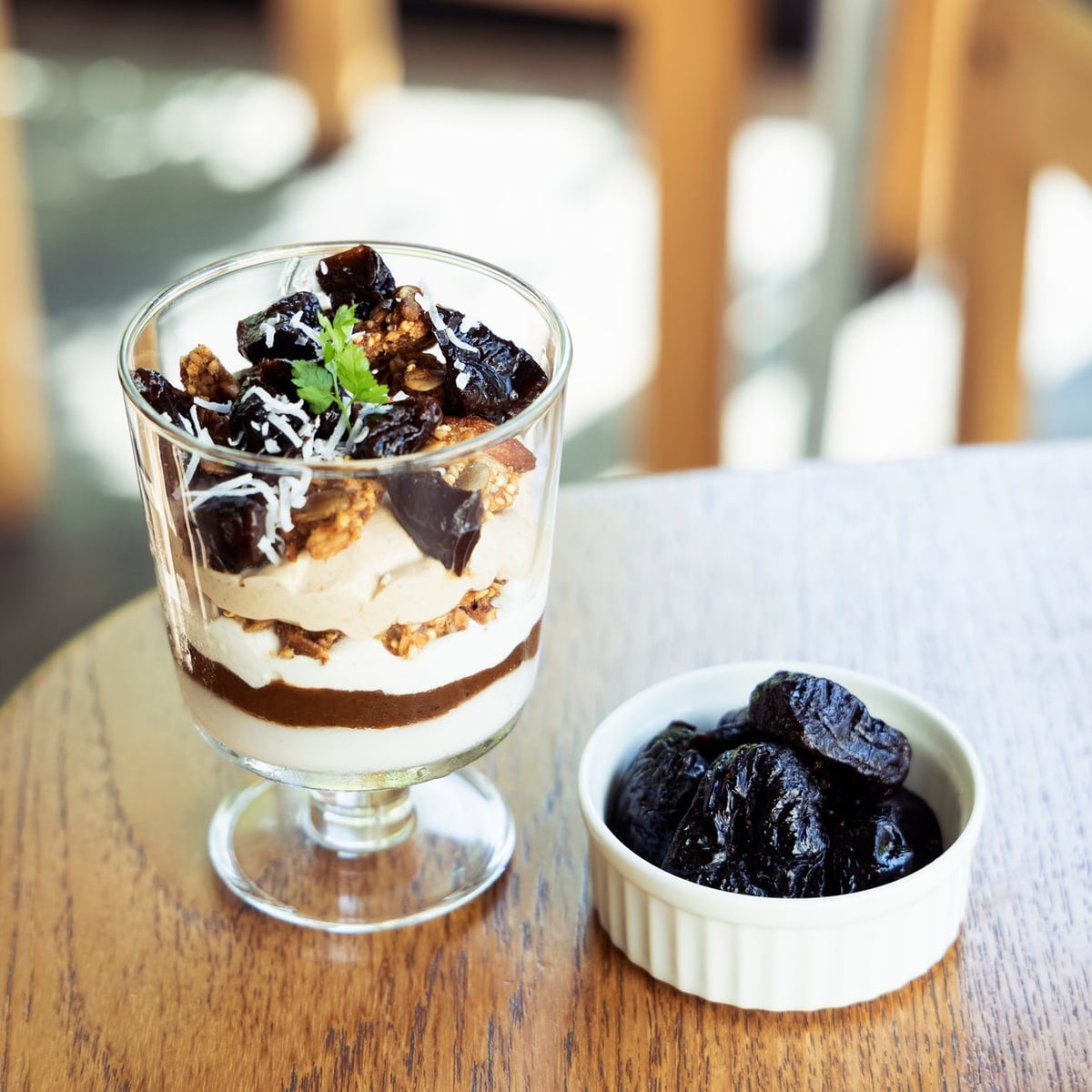 Homemade granola and labneh yogurt combined with compote prunes, topped with coconut flakes. A parfait-style dish that keeps you interested until the last bite.