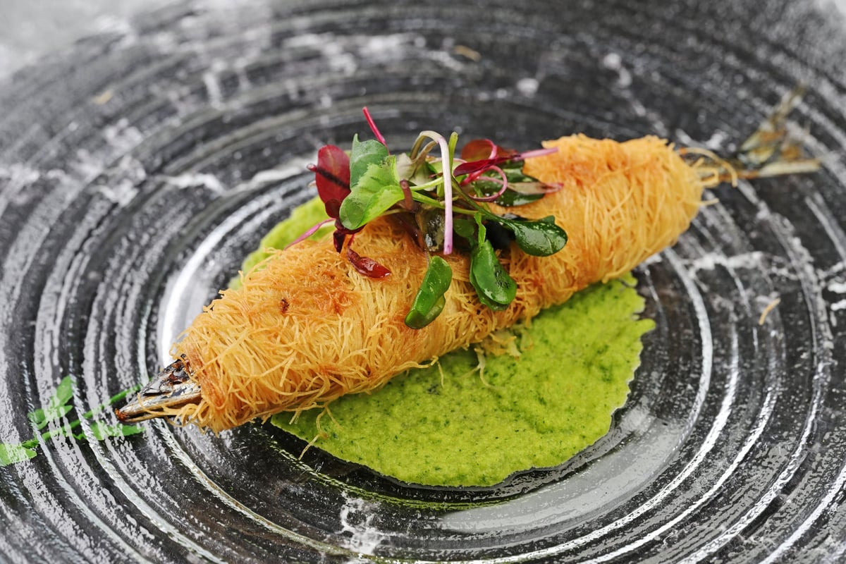 Ayu Wrapped in Kadaif with Zucchini and Tade Puree