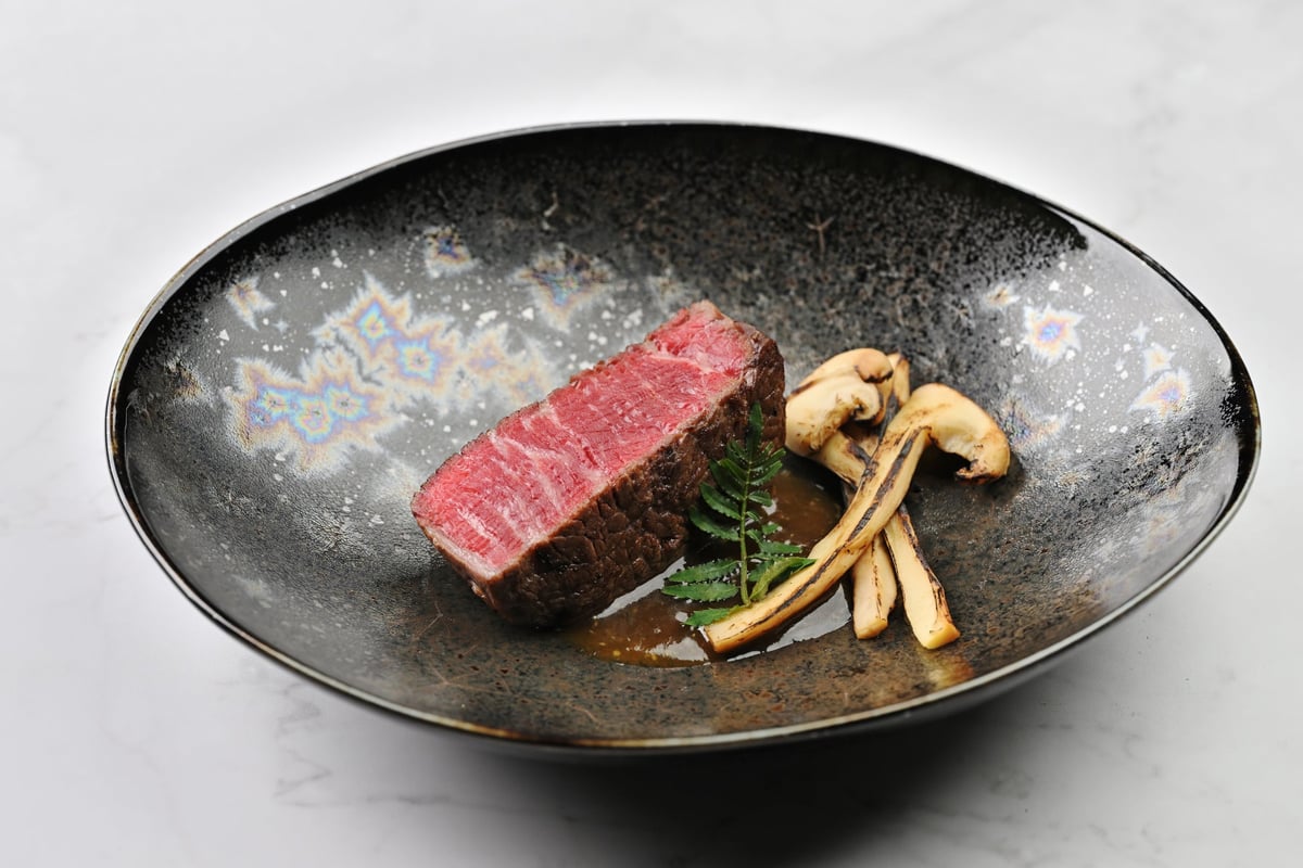 Charcoal-Grilled Wagyu Beef with Tortoiseshell Sauce and Seared Matsutake Mushrooms