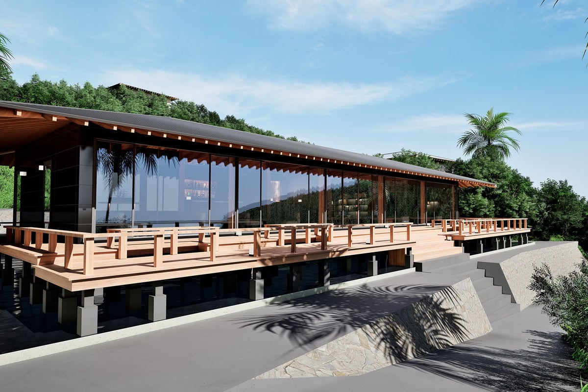 HINATA Oshima -- Exterior perspective of the reception building "Hokuki".