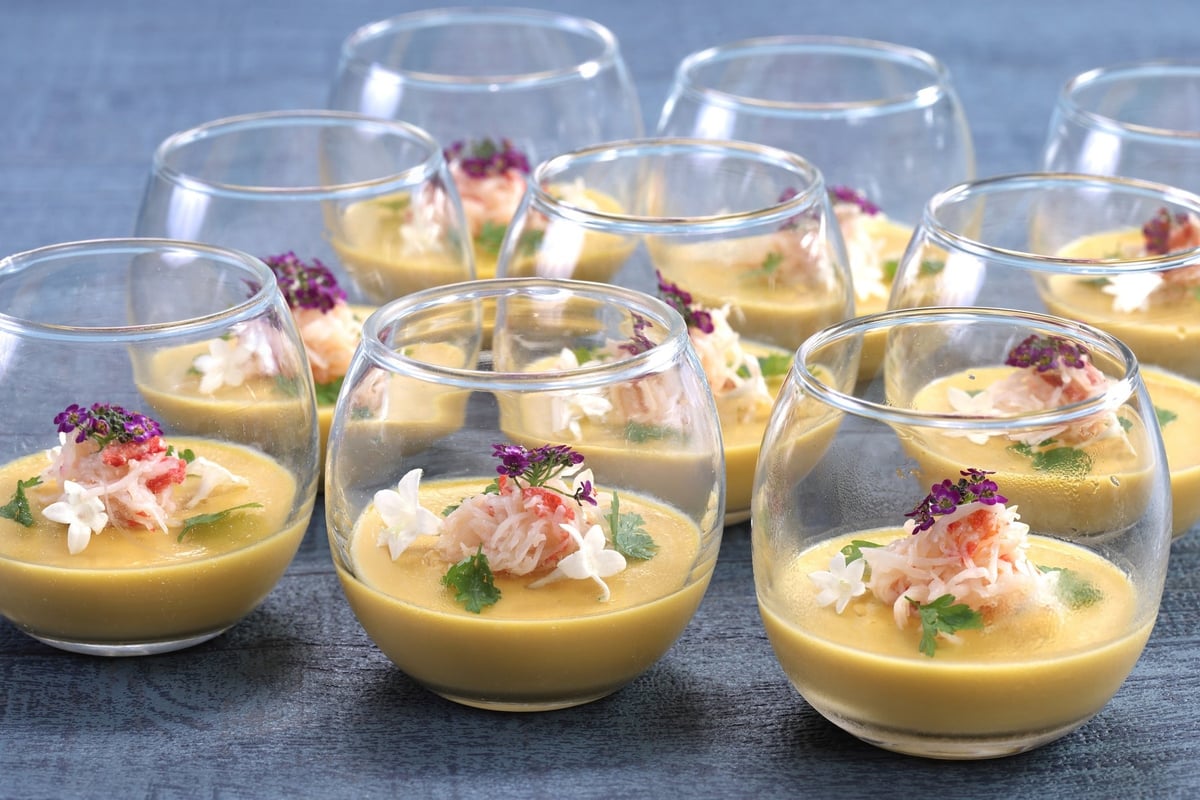 Hokkaido Corn Flan with Crab Meat and Edible Flowers