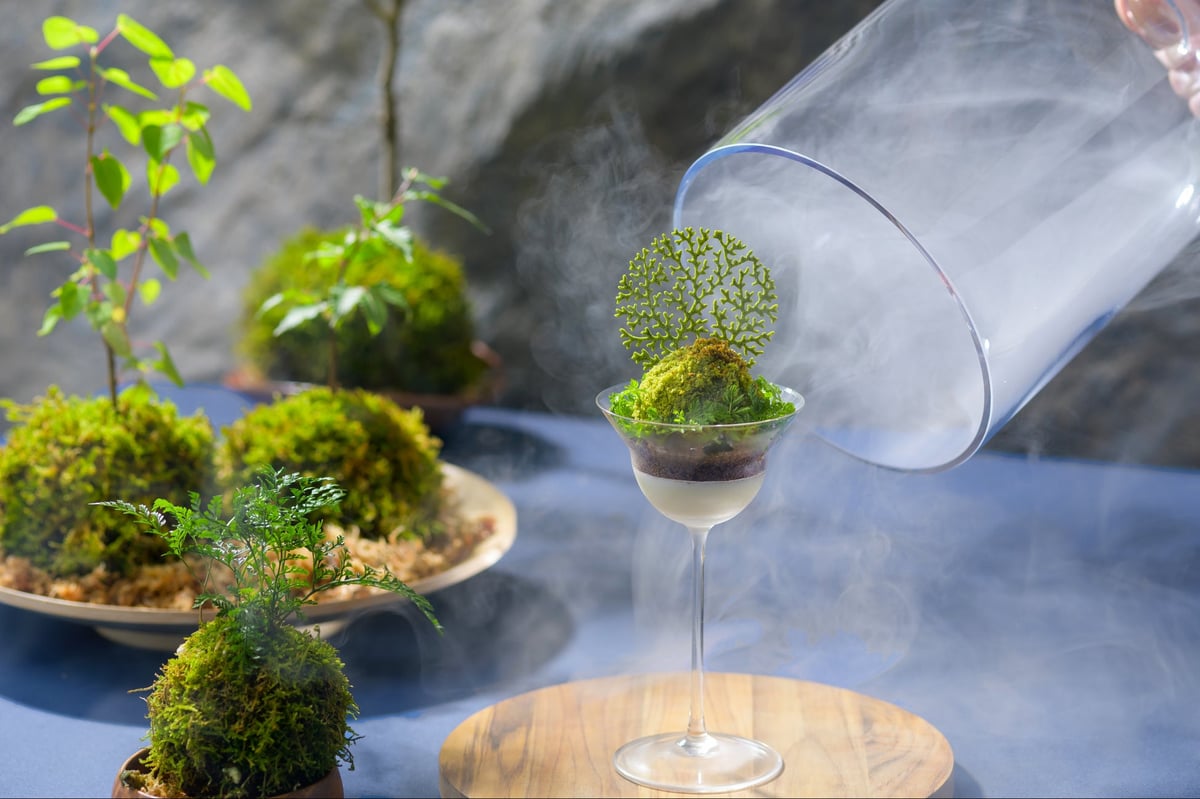 【Oirase Keiryu Hotel】'Oirase Moss Parfait' expressing summer mist with a magical smoke effect from a glass dome