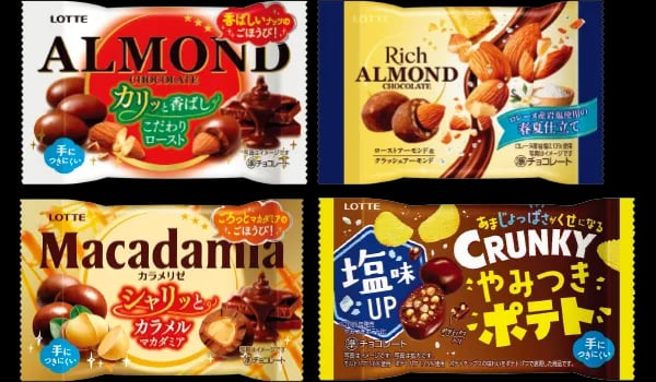 ロッテ ポップジョイ(アーモンドチョコレート〈カリッと香ばしアーモンド〉/リッチアーモンドチョコレート 春夏仕立て/マカダミア〈カラメリゼ〉/クランキー やみつきポテト塩)