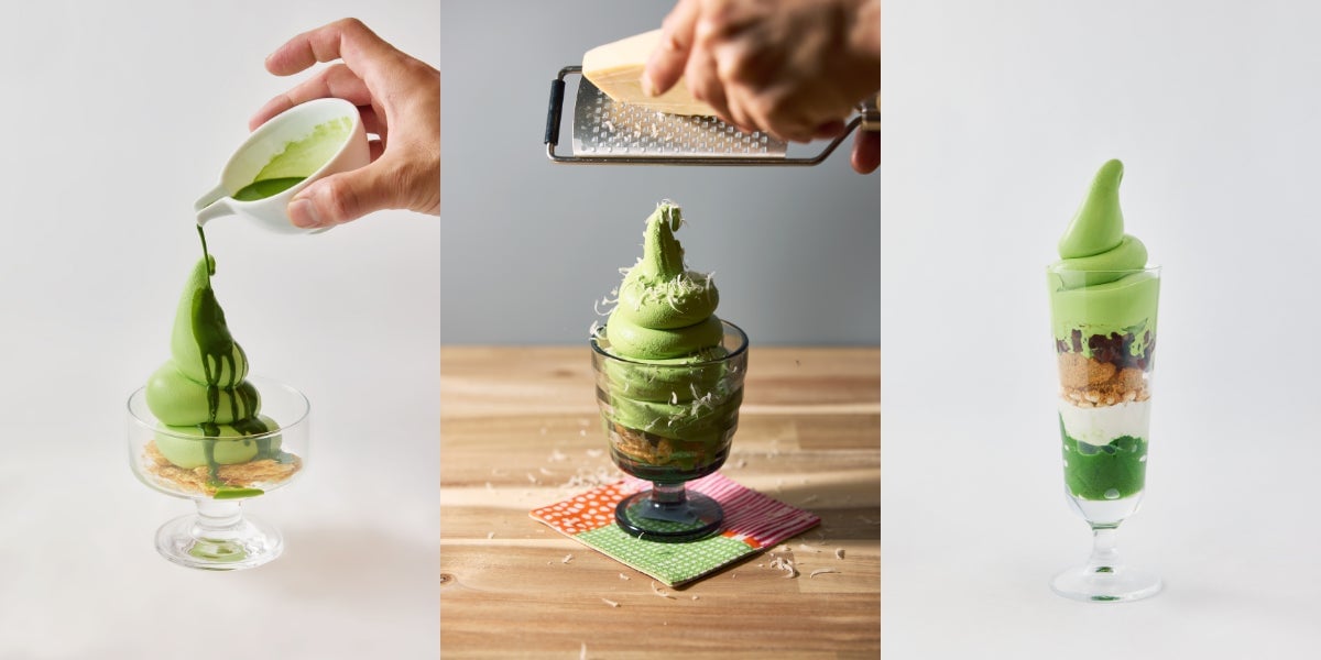 From the left in the photo: Matcha Affogato — ¥950 (tax included, weekdays), Matcha Soft Cream with Grana Padano — ¥1,000 (tax included, weekdays), Kuromitsu Kinako Matcha Parfait — ¥1,150 (tax included, weekdays)
