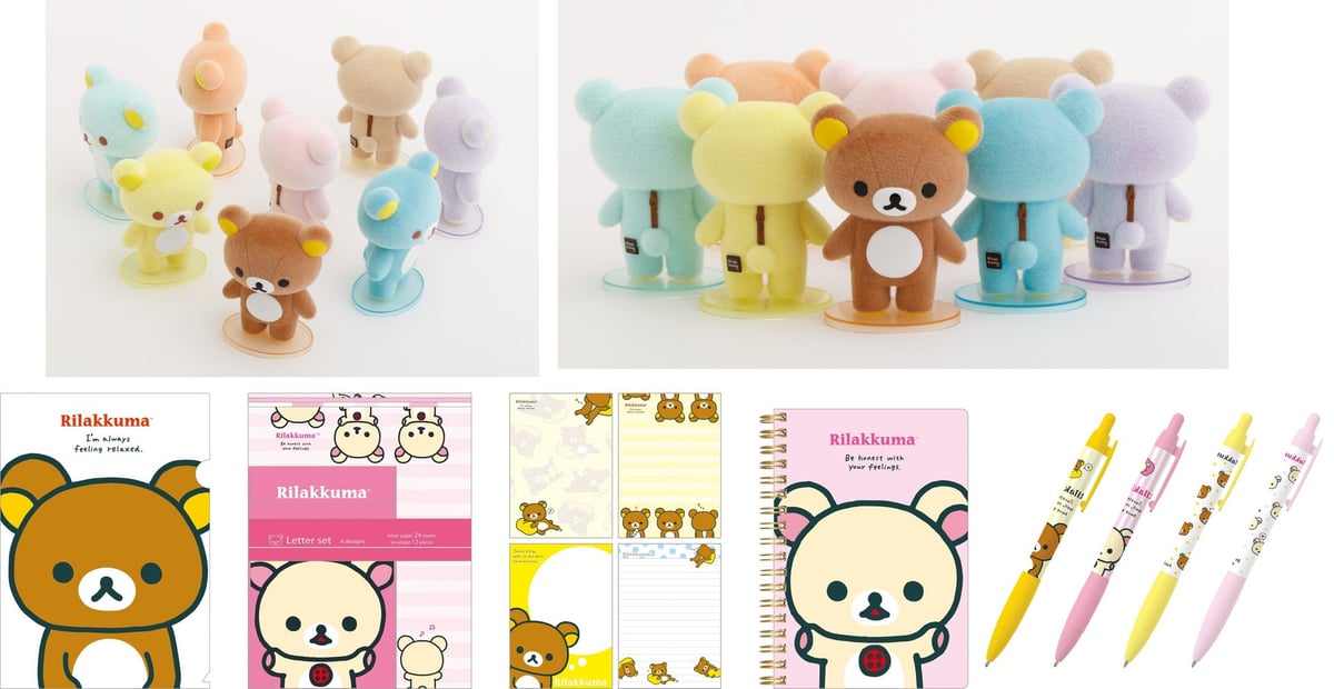 Sample items include: Blind Box Figure Sherbet — ¥1,760 each (tax included), Memo Pad — ¥385 each (tax included), B6SP Notebook — ¥605 each (tax included), Letter Set — ¥495 each (tax included), Clear Holder — ¥198 each (tax included), Mechanical Pencil — ¥385 each (tax included), Ballpoint Pen — ¥385 each (tax included).