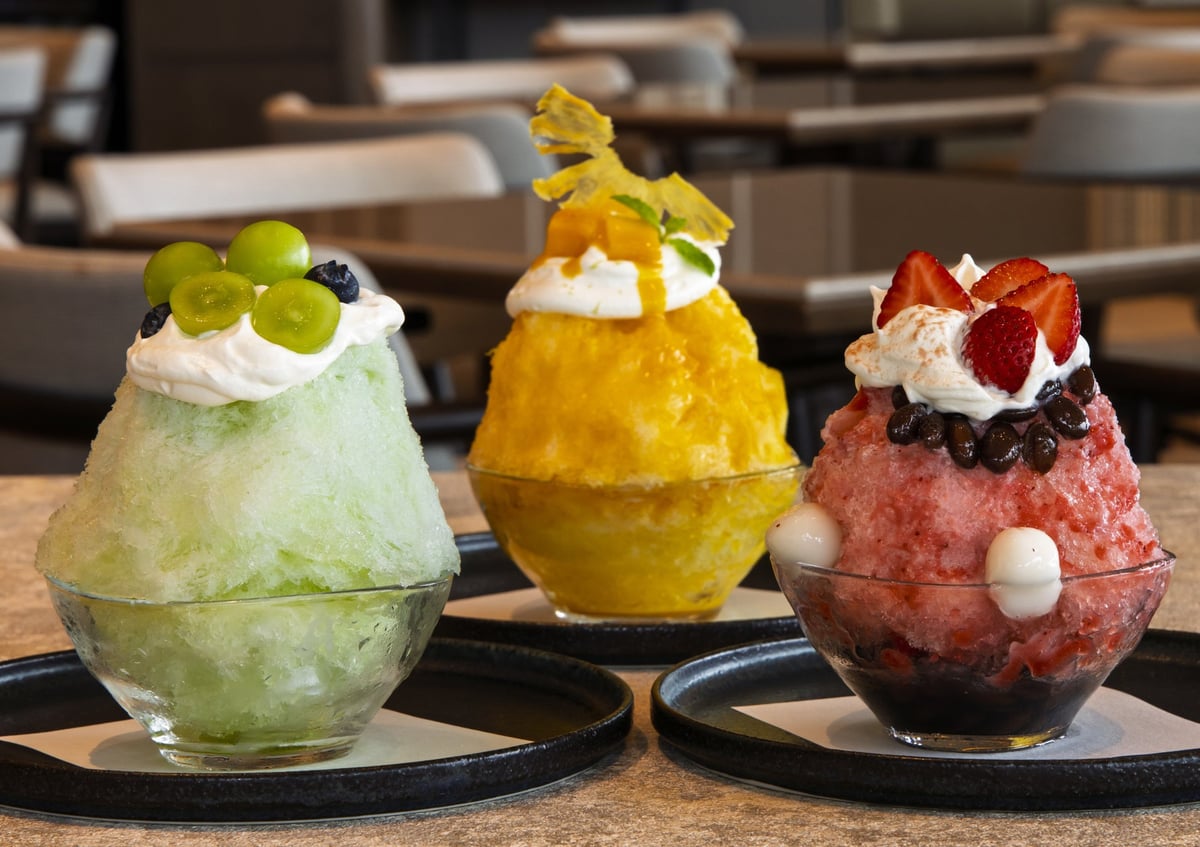Shine Muscat shaved ice, Mango shaved ice, Strawberry Milk Zenzai shaved ice from the left