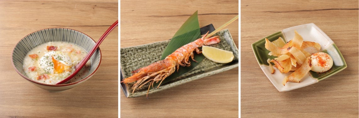 (Left) Toridashi Carbo Rice / (Center) Grilled Red Shrimp / (Right) Grilled Skate Fin