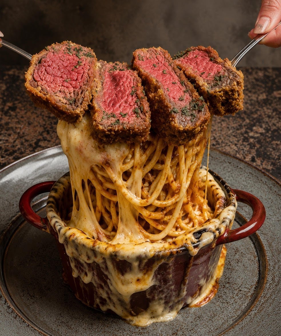 Enjoy the juicy flavor of the rare beef cutlet combined with hot pasta, creating a delightful contrast in temperature and texture.