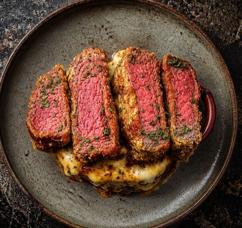 A limited-time menu featuring rare beef cutlet and volcano pasta overflowing with cheese, priced at ¥2900 (tax included).
