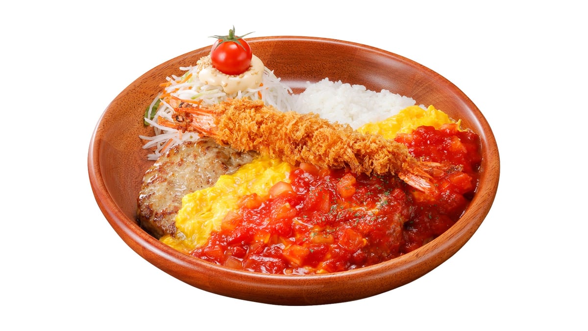 Diced Tomato and Surprise Ebi Fry Omurice Hamburger Dish