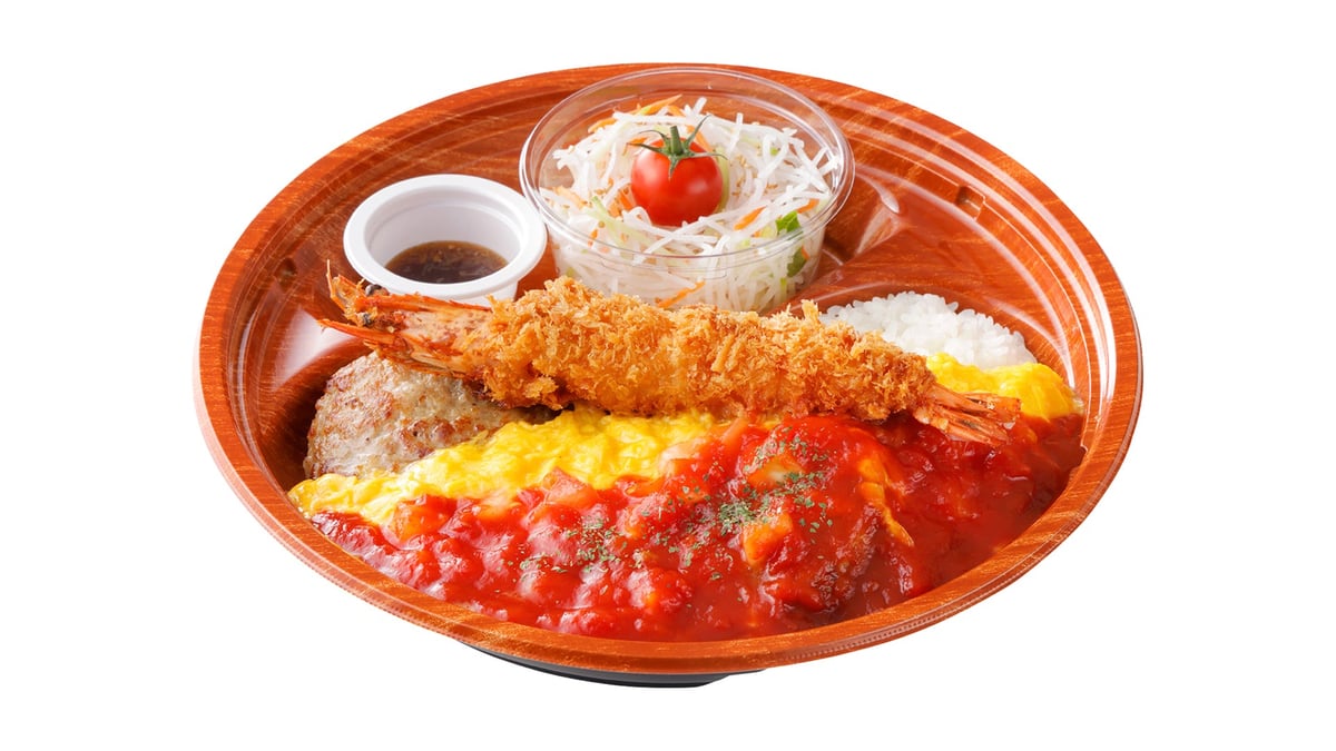 Diced Tomato and Surprise Ebi Fry Omurice Hamburger Dish