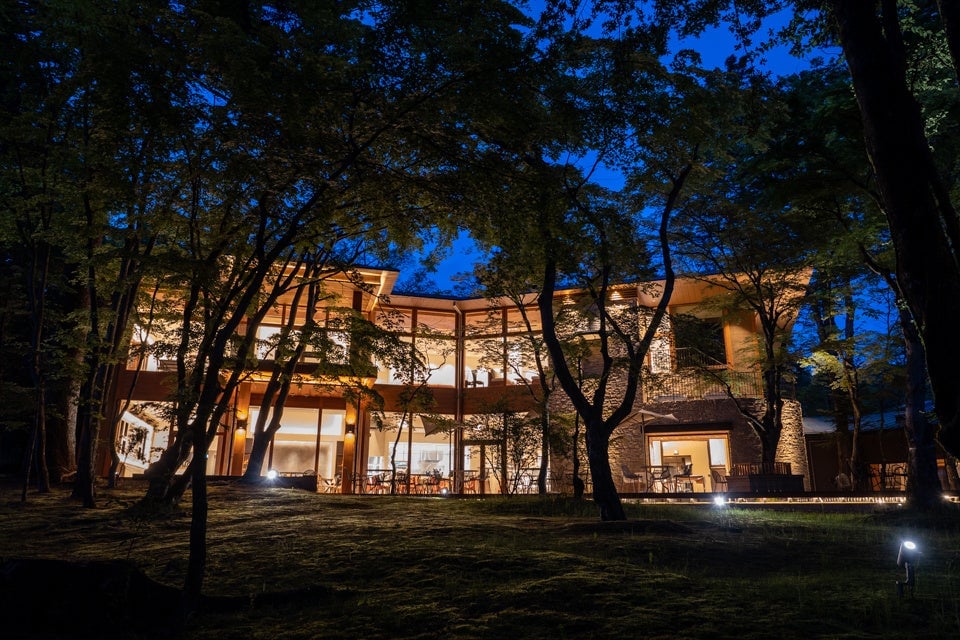 A fantastical restaurant floating in the night forest