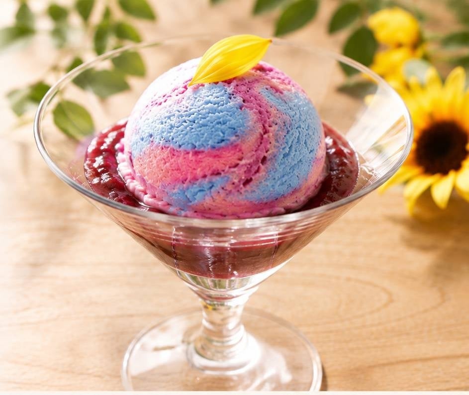 A homemade organic ice cream expressing the blessings of our farm and the nature of Satoyama, without sugar or additives. The farm's pesticide-free beets, fruits, and natural ingredients create vibrant marble patterns as if from a storybook world.