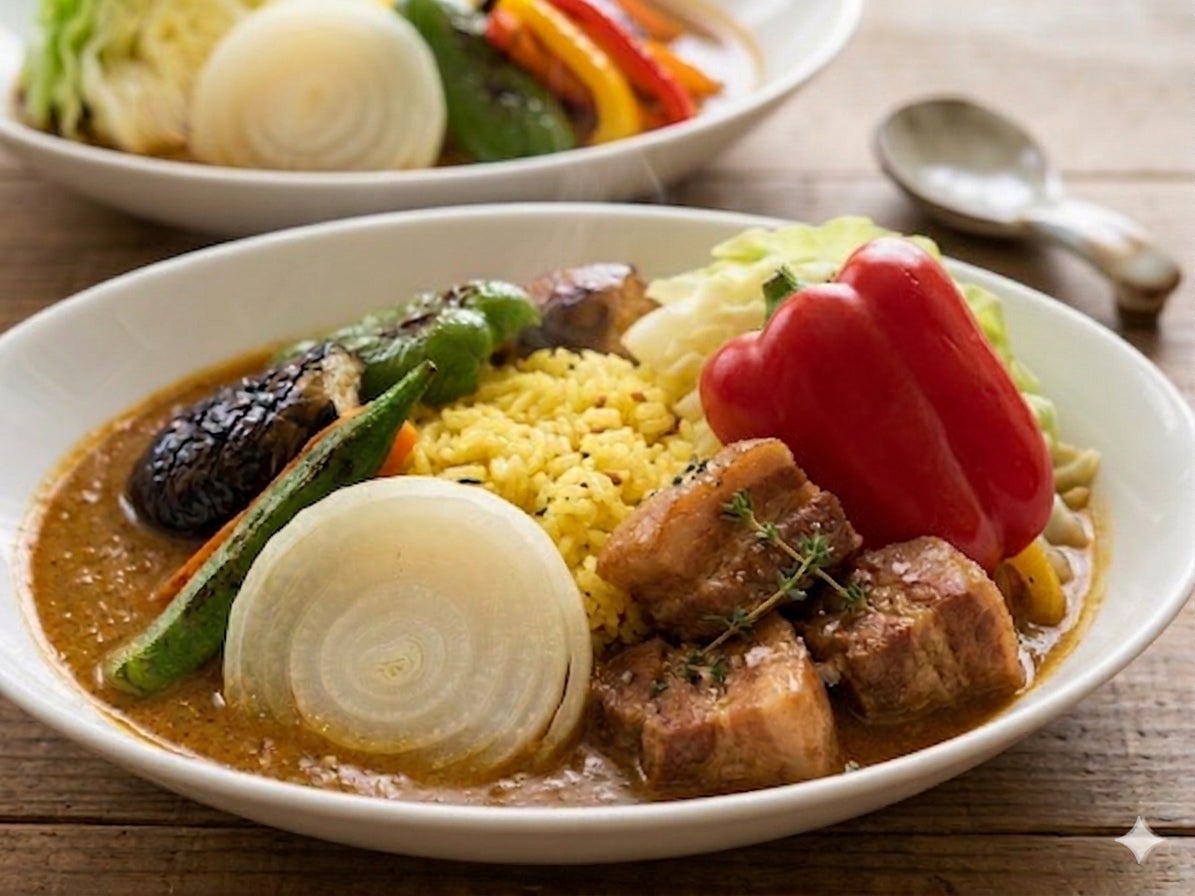 Our proud signature dish, 'Farm Garden Curry,' is topped generously with fresh, pesticide-free vegetables just harvested from our farm. (Toppings like meat and vegetable varieties vary depending on the season and supply.)