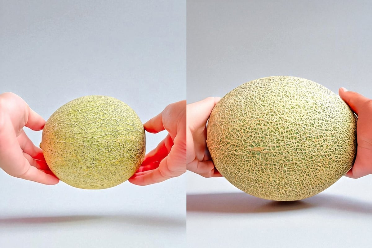 The left shows a typical melon size, while the right features a 5L size Takami melon used in the 'Whole Melon Short' dessert.