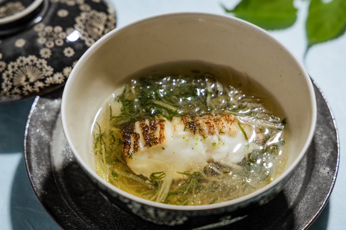 [Soup] Grilled cod with shimo-style broth, Kaga thick cucumber, perilla, myoga, yuzu peel — included in the Vegetarian Sushi Course for ¥18,150 (tax included).