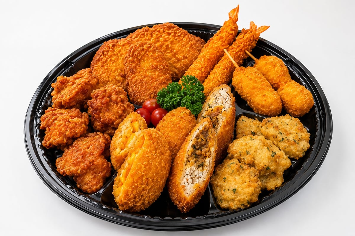 Please feel free to choose from our side dishes. The single item menu includes Pork Loin Cutlet (1 piece) ¥350, Chicken Thigh Karaage (3 pieces) ¥350, Fried Shrimp (1 piece) ¥200, Ume Tomato Cheese Fry (1 piece) ¥100, Taiwan Minced Meat Wrapped Cutlet (1 piece) ¥190, Half Cutlet (Pork Loin, 1 piece) ¥200, Quail Egg Fry (2 pieces) ¥210, Ika Bite Iseebi Fry ¥240, and Chicken Katsu (1 piece) ¥350. We also offer a large assortment of fried items, including a special platter for large groups, with sizes such as Extra Large ¥2,030, Regular ¥1,280, and Half ¥680, with additional options like Cabbage ¥100, Rice ¥180, and takeout curry at ¥300 per serving or ¥900 for three servings. Condiments are available for ¥20 each.