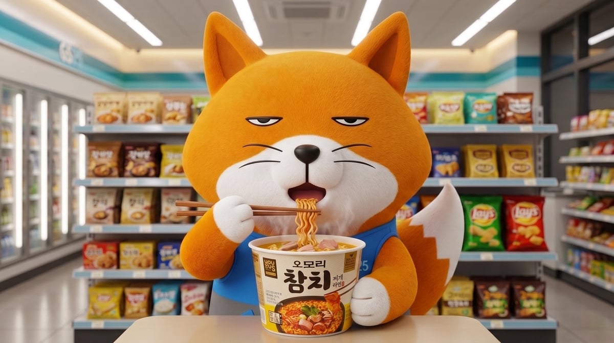 Image: Mu Mu Shi, GS25's official character, eating Omori Tuna Chige Ramen