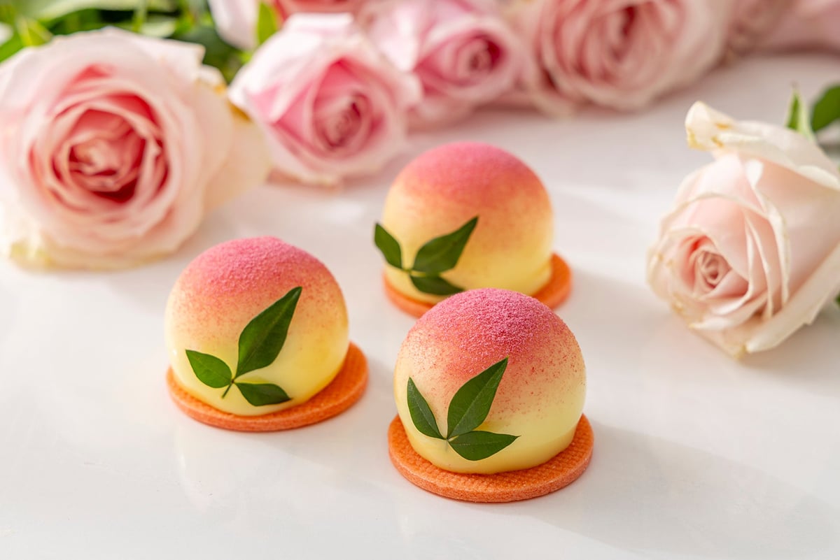 Rare cheesecake with white peach jelly