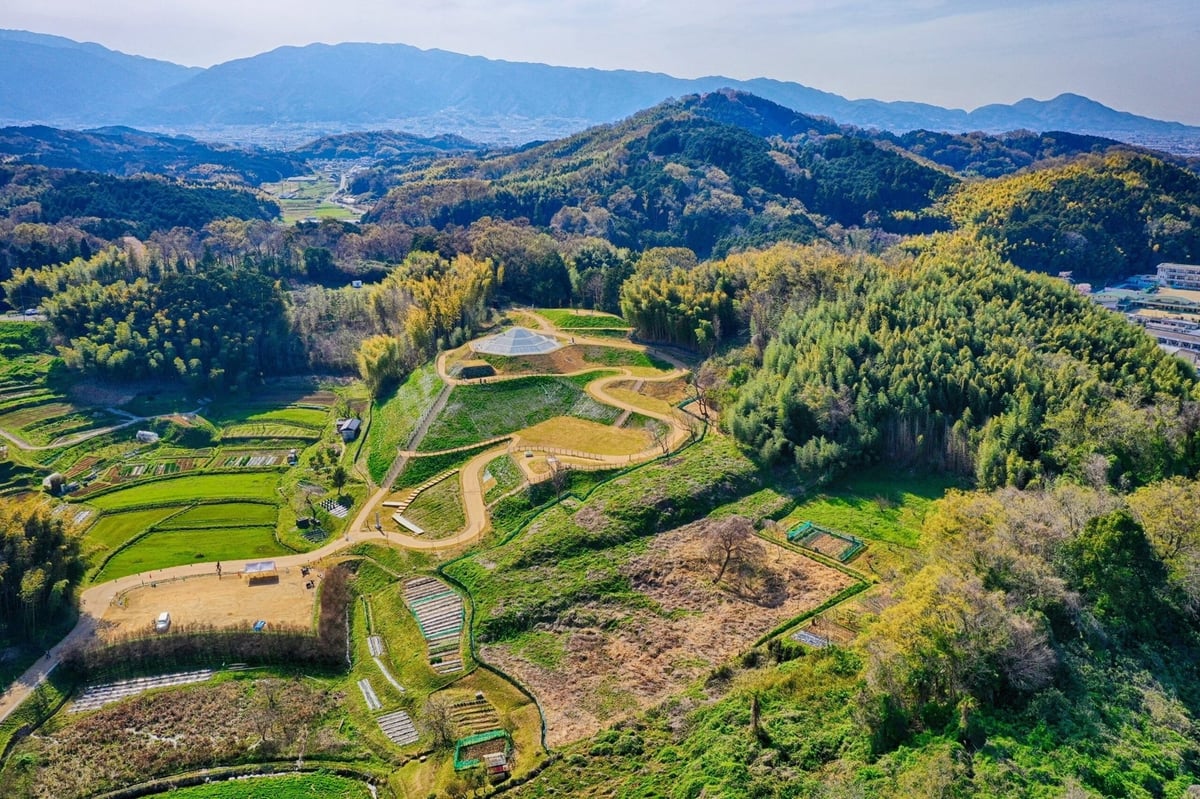The Kengoshizuka Kofun in Asuka Village, Nara Prefecture, newly registered as a World Heritage Site, and the surrounding area.