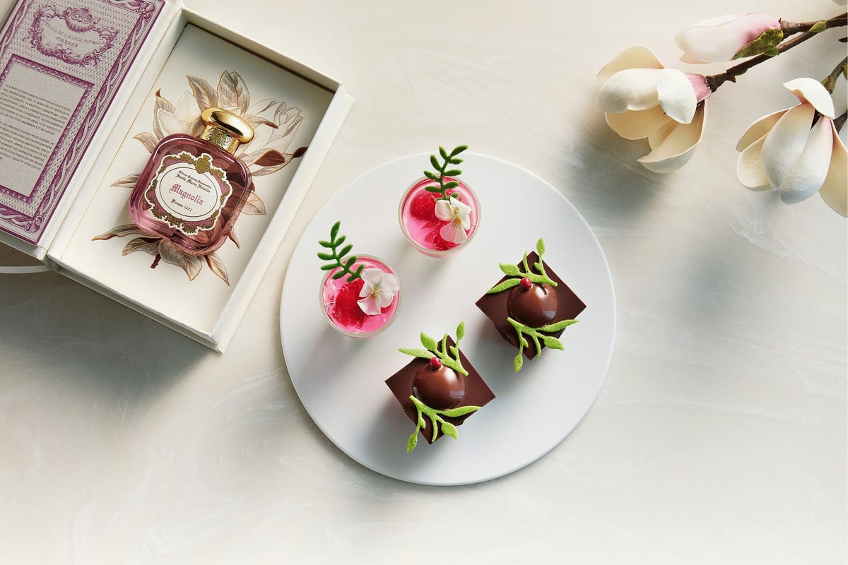 Panna cotta with jasmine jelly (top left), peach and pink peppercorn chocolate macaron (bottom right)