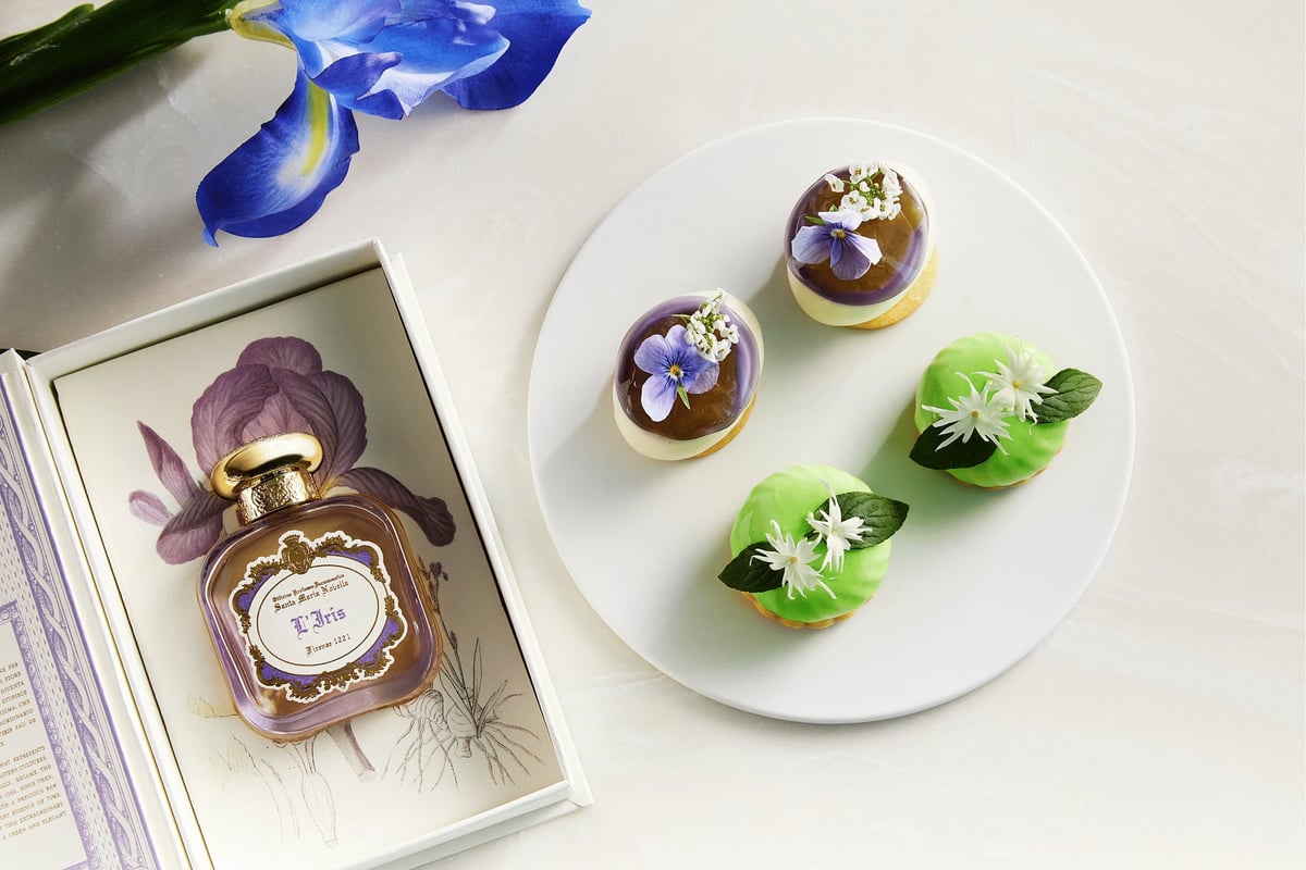 Rare cheese cake with Timur pepper-flavored pineapple compote (top left), jasmine-flavored mandarin tart (bottom right)