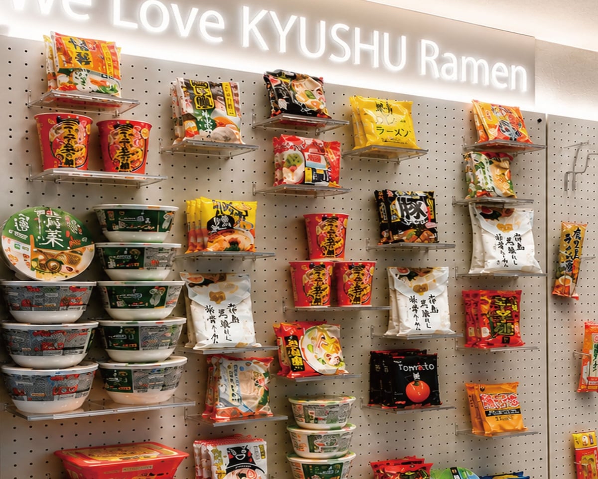 A variety of Kyushu instant ramen lined up inside the store.