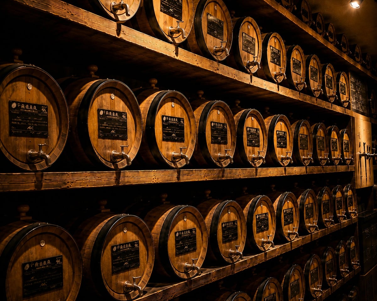 A wall covered with 100 barrels of aged shochu.