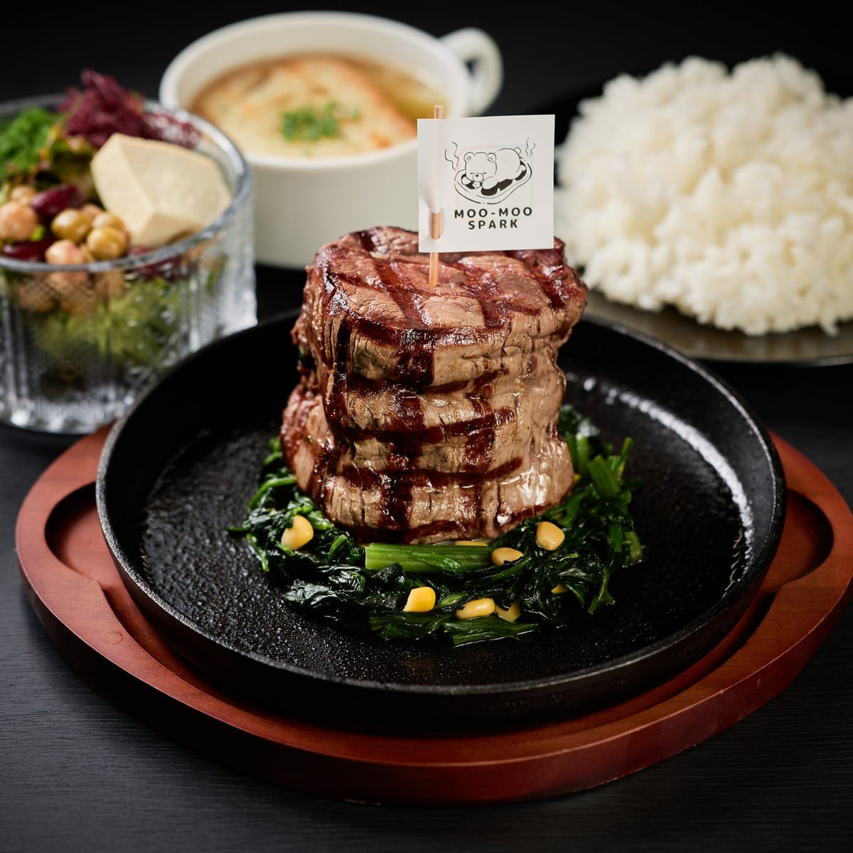 Includes salad, soup, and rice with the steak (free refills on rice).