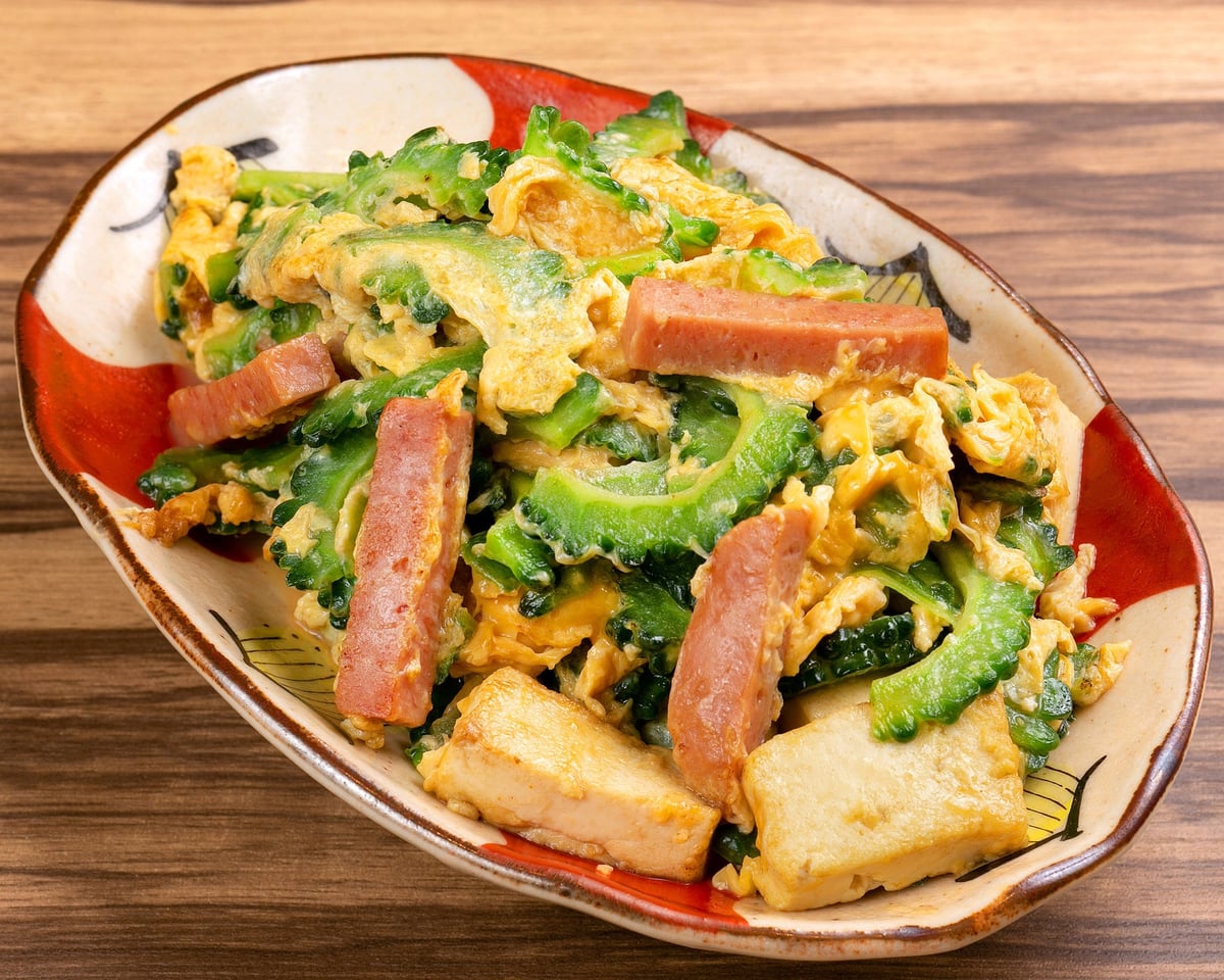 Goya Champuru with a slightly bitter Goya, fluffy eggs, tofu, and pork — ¥780 (tax included ¥858)