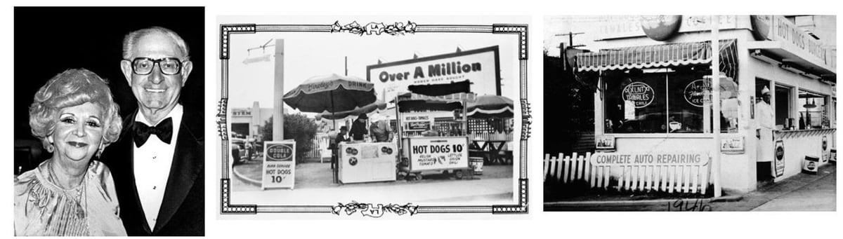 Left: Paul & Betty Pink couple. Center: Founded with a pushcart bought for $50 in 1939. Right: Opened a permanent shop on La Brea Avenue near Hollywood in 1946.