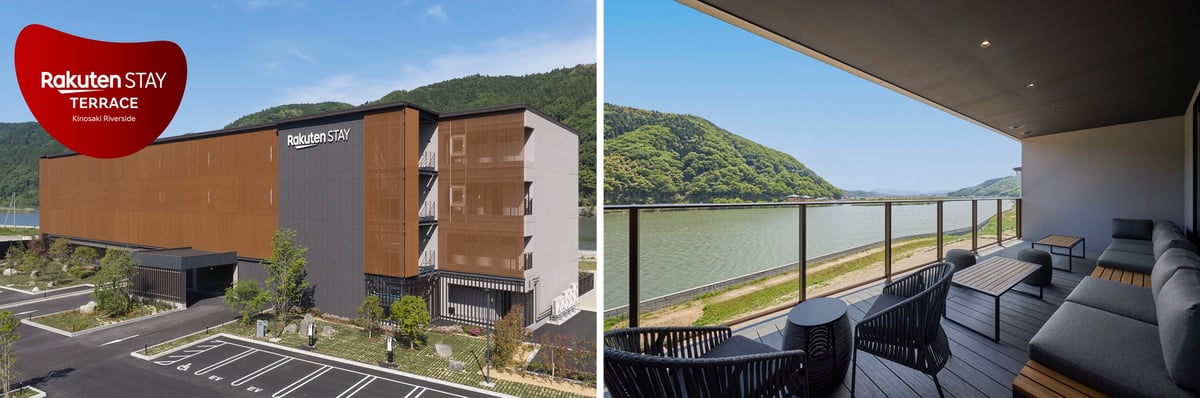 The hotel built along the Maruyama River, Rakuten STAY TERRACE Kinosaki Riverside (left), with an open terrace (right).