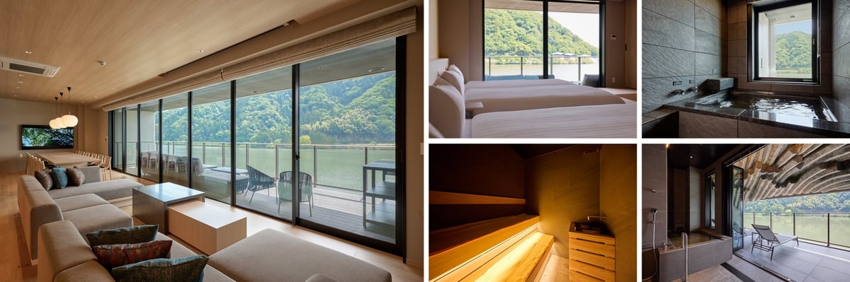 River view from the living and dining area (left), well-equipped interior (right).