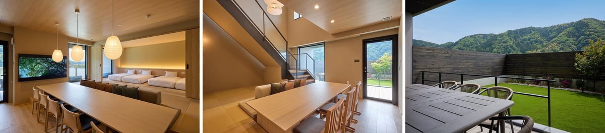 Indoor space where you can stay with your dog (left), maisonette-style room (center), guest room private dog run (right).