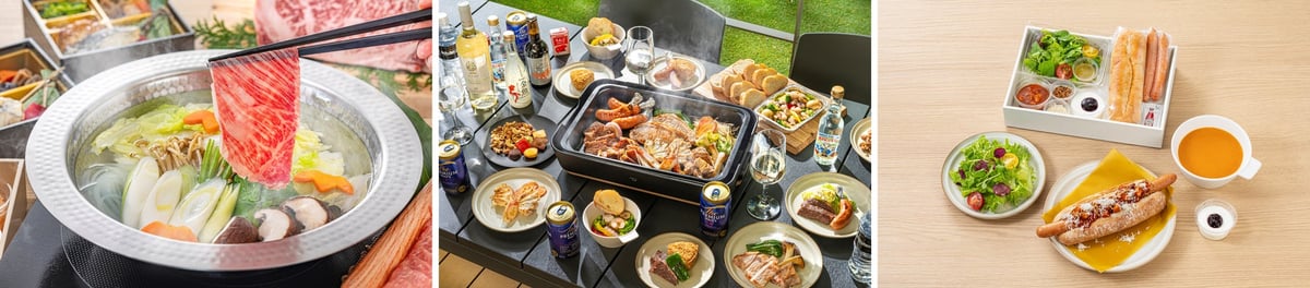 Shabu-shabu dinner (left), teppanyaki enjoyed on the terrace (center), Western-style breakfast box (right).