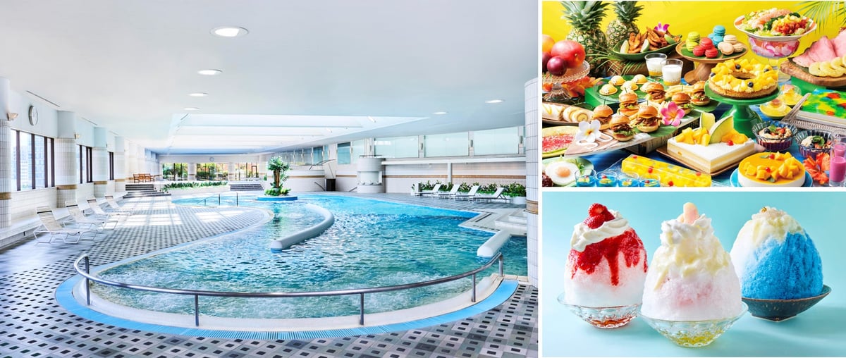 Left: An open-air 'Shape Up Pool' with areas of different depths, suitable for children and adults alike. Top right: Experience perpetual summer in Hawaii right in the heart of Osaka at the 'Hawaiian Sweets & Lunch Buffet'. Bottom right: Refreshing shaved ice to cool down on a hot day.