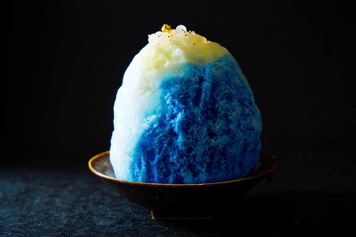 Inspired by Johannes Vermeer (1632–75), one of his masterpieces 'Girl with a Pearl Earring', featuring 'Vermeer Blue Ice Mango & Almond Tofu'.