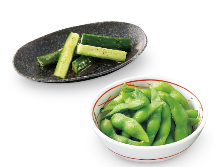 Left top: Salted cucumber, Bottom right: Edamame