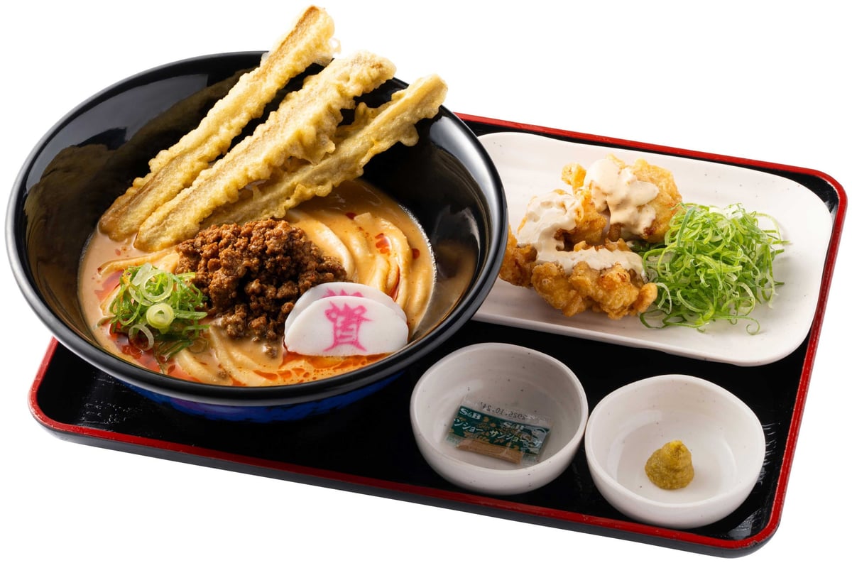 Set of Cold Dan Dan Udon and Yuzu Pepper Chicken Tempura (3 pieces) — ¥1,153 (tax included)