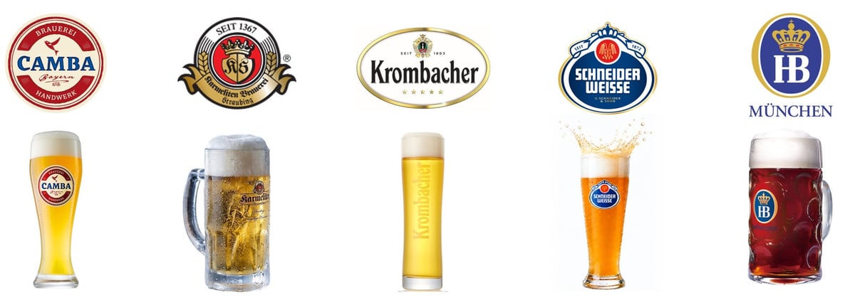 From the left: Kanbahel, Carmelite Croster Gold, Pils, Schneider Weisse Original, Hofbräu Dunkel