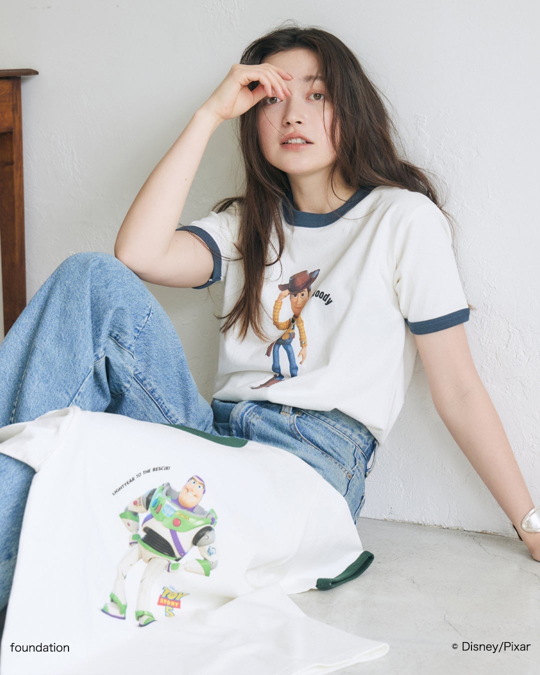 'Toy Story' Limited Edition Ringer Tee, available in free size in Green and Navy for ¥6,050 (tax included).