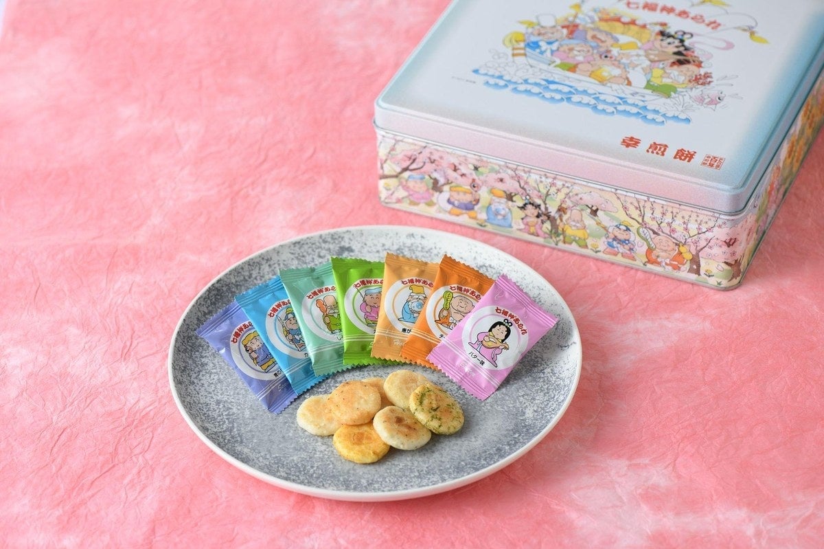 Decorative can and individual packaging of Shichifukujin Arare® (seven flavors)