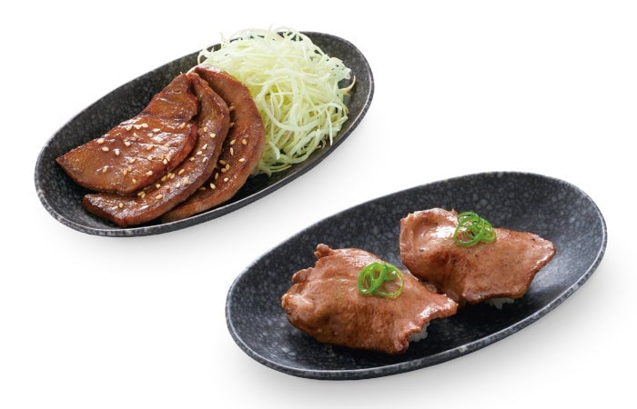 Left top: Thick-cut Beef Tongue Steak, Right bottom: Beef Tongue Nigiri