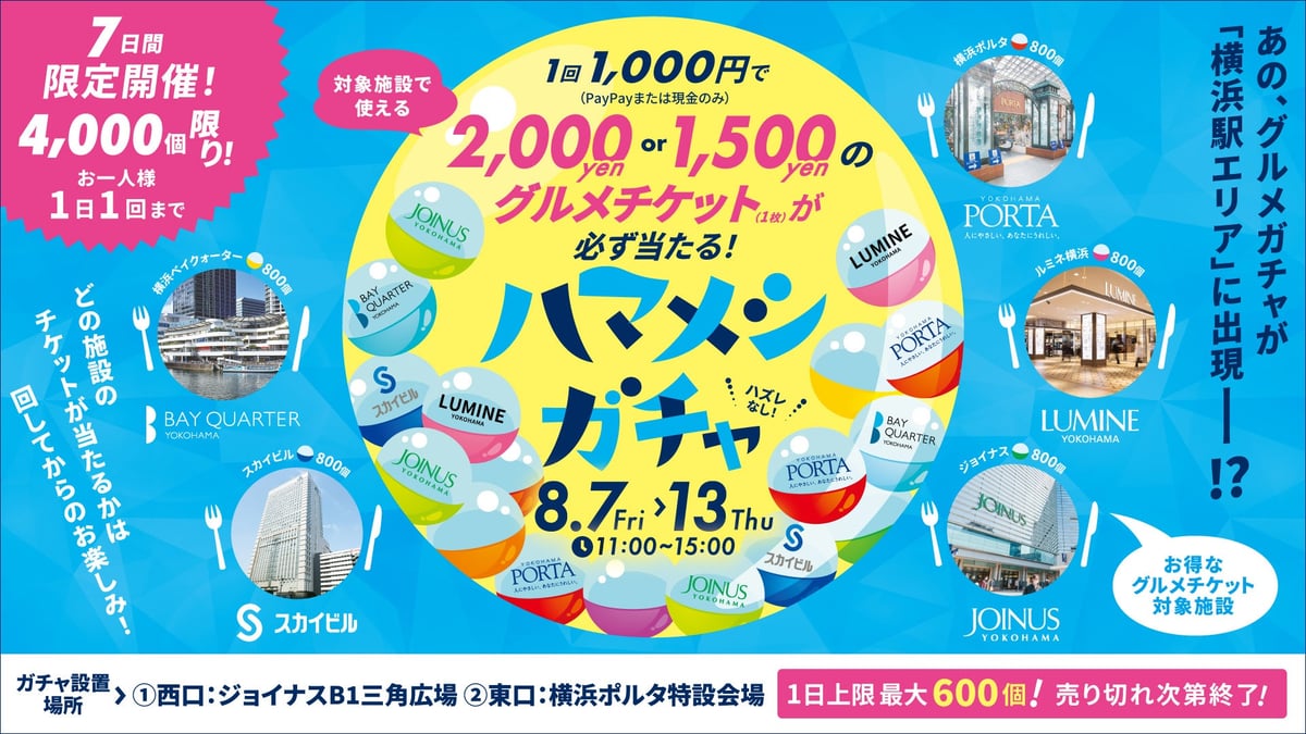 Yokohama's Hamameshi Gacha Offers ¥1,000 Gourmet Ticket Deal at Five Major Shopping Centers