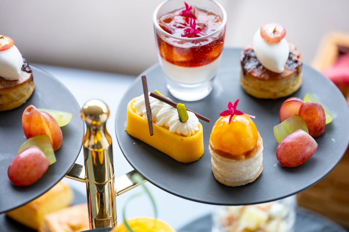 From front, Tarte Tatin, Pumpkin Terrine, Amazake Blancmange, Far Breton