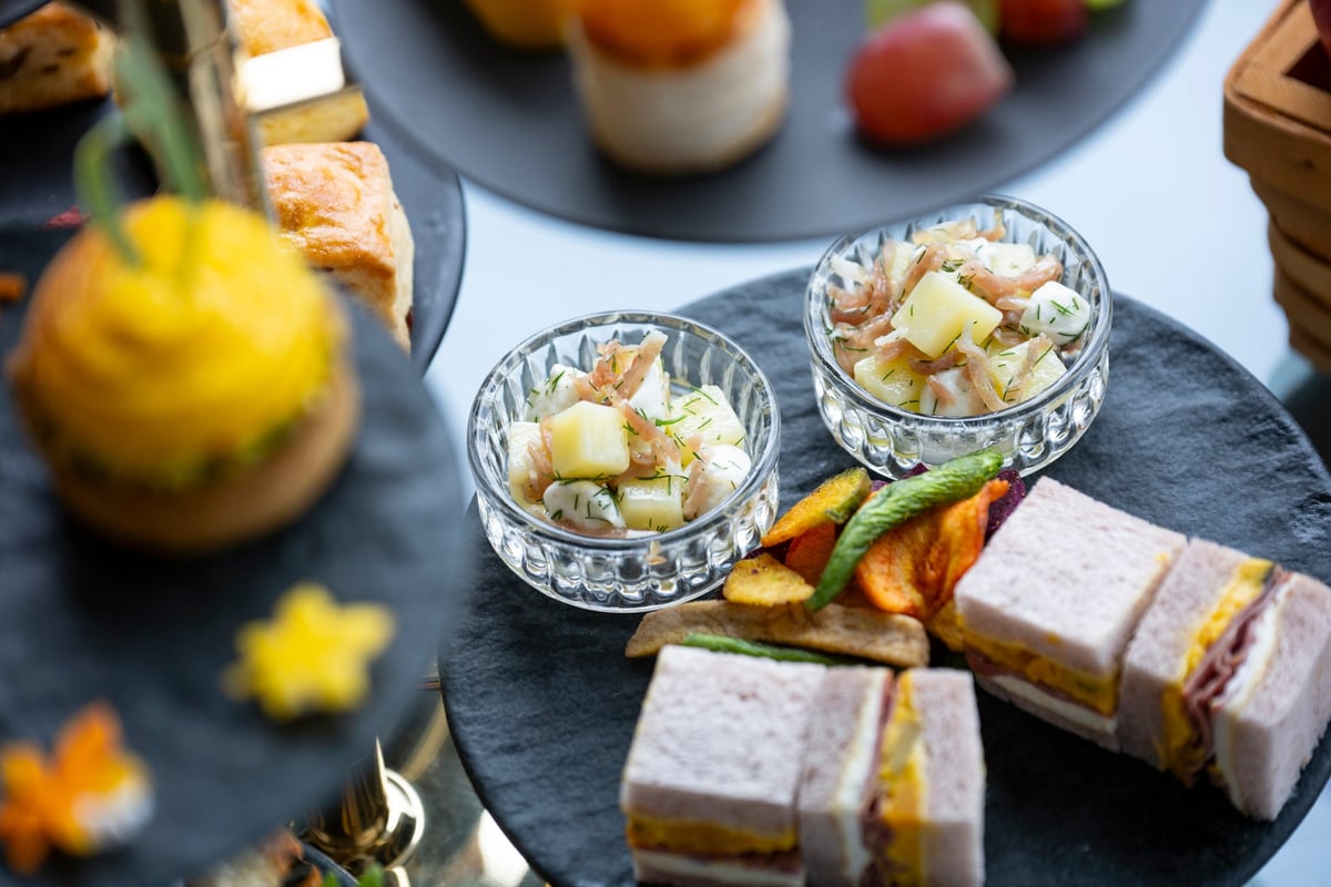 From front, Pumpkin Sandwich, Potato and Mozzarella Salad