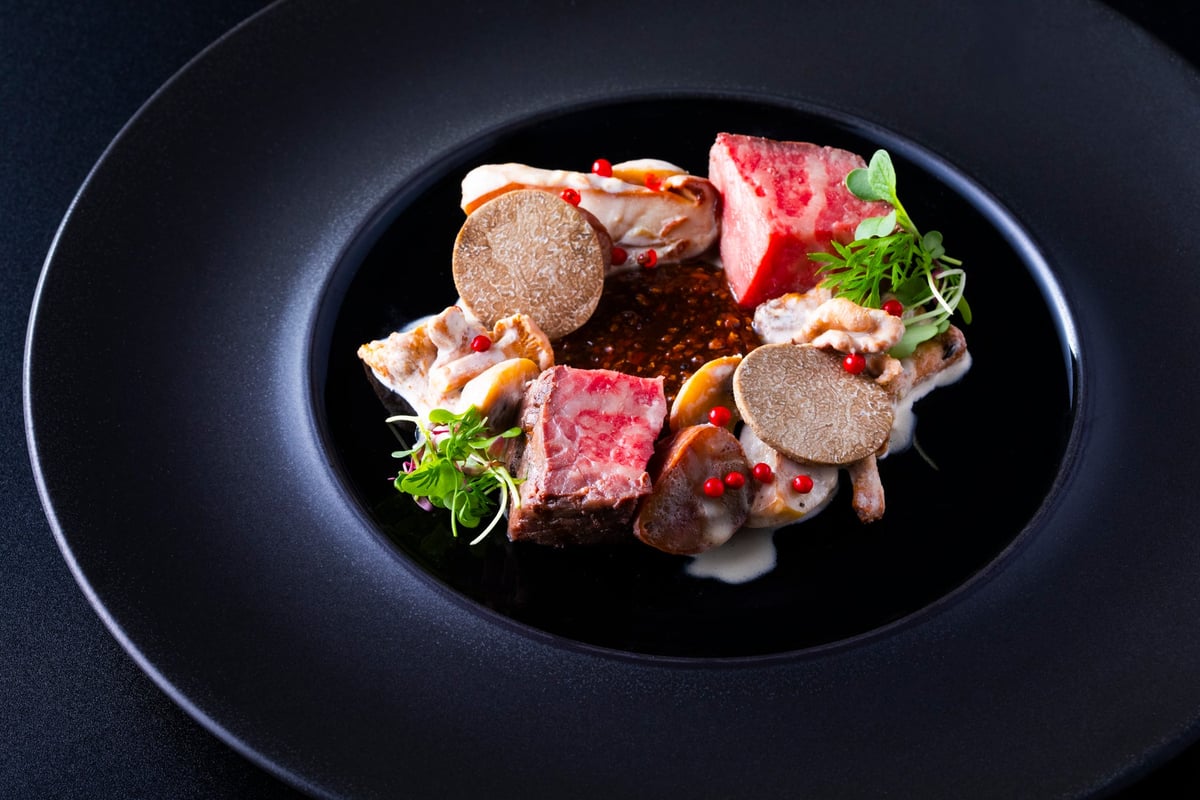 Saga Beef Sirloin Grill with Mushrooms, Chestnuts, and Truffle Sauce