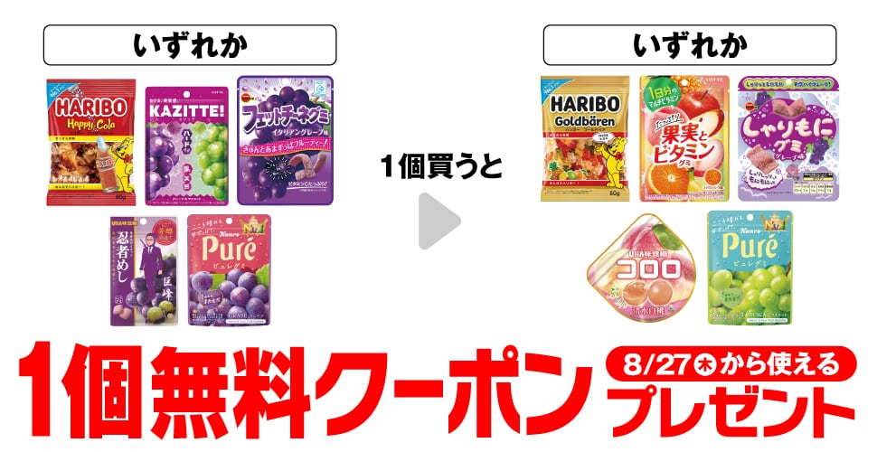 Haribo Happy Cola / Kajitte Grape & Muscat / Fettuccine Gummy Italian Grape / Ninja Meshi Kyoho G…