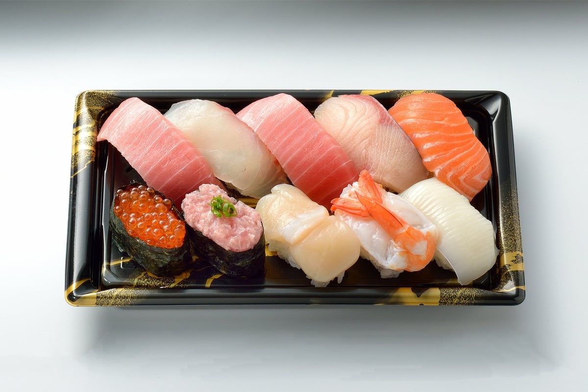 Sushi assortment with medium fatty tuna — ¥1,200 (tax included) per pack